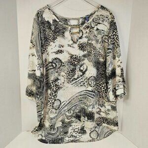 Bluebell Women Blouse 3/4 Sleeve Size 2XL White Black Print Tunic Top Shirt